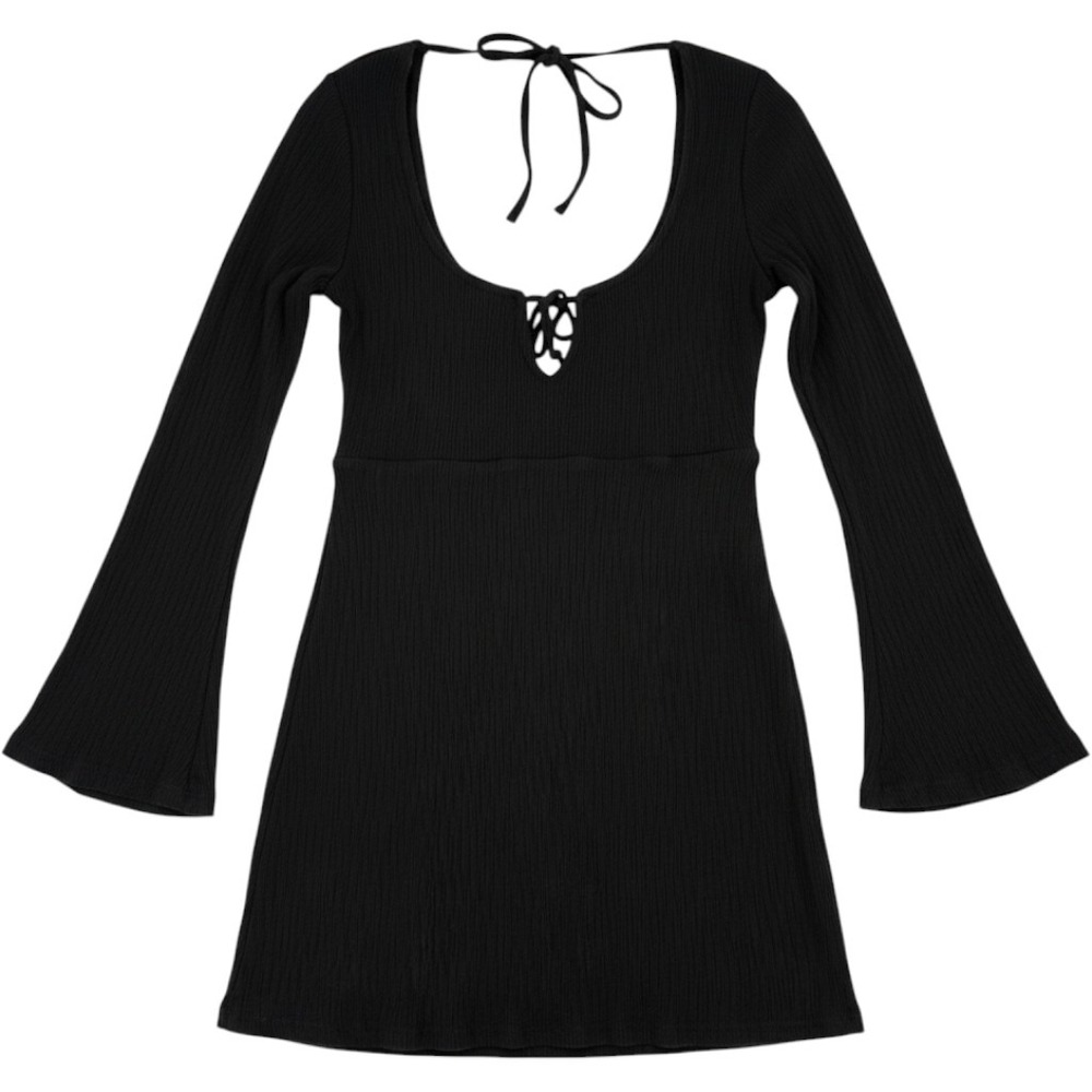 Free People Beach Brynne Mini Dress Womens Small Black Ribbed Open Tie Back - Picture 1 of 10